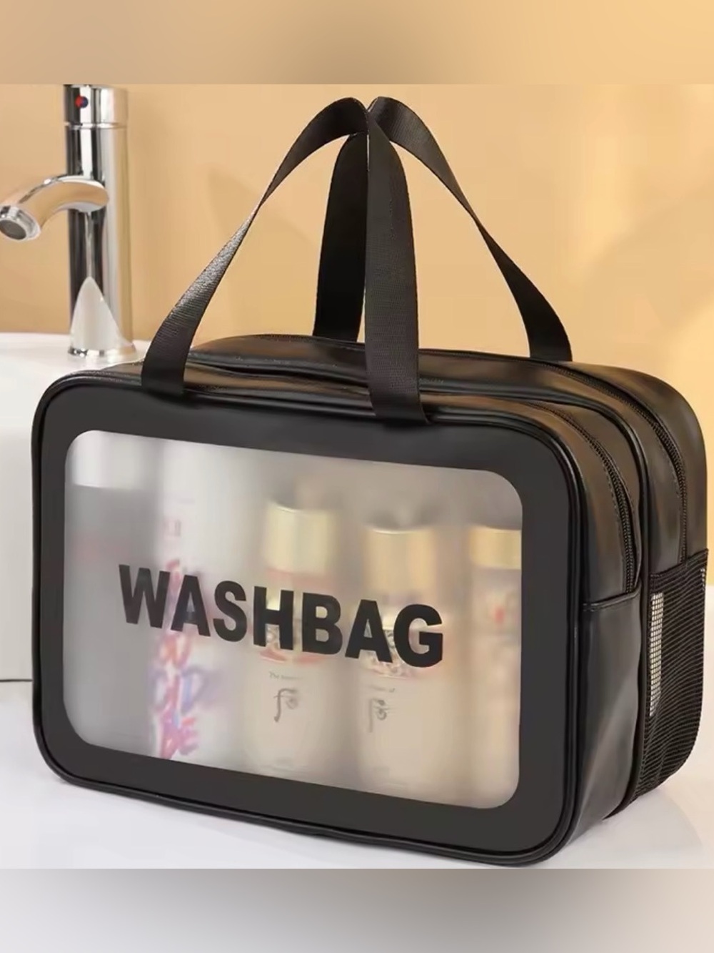 Black Washbag Travel Toiletry Bag for Men - Clear Front designer inspired
